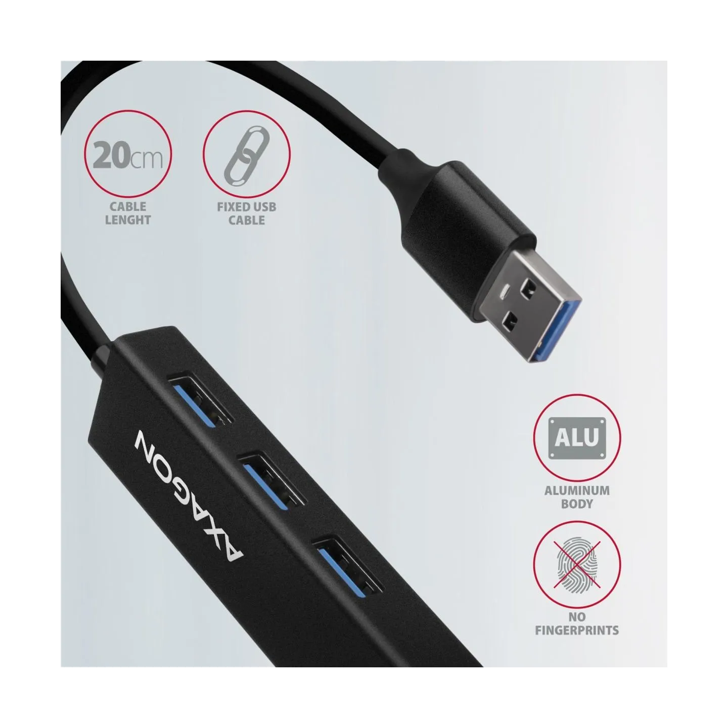 Axagon HMA-GL3A 3x USB-A + GLAN, USB3.2 Gen 1 hub, metal, 20cm USB-A cable