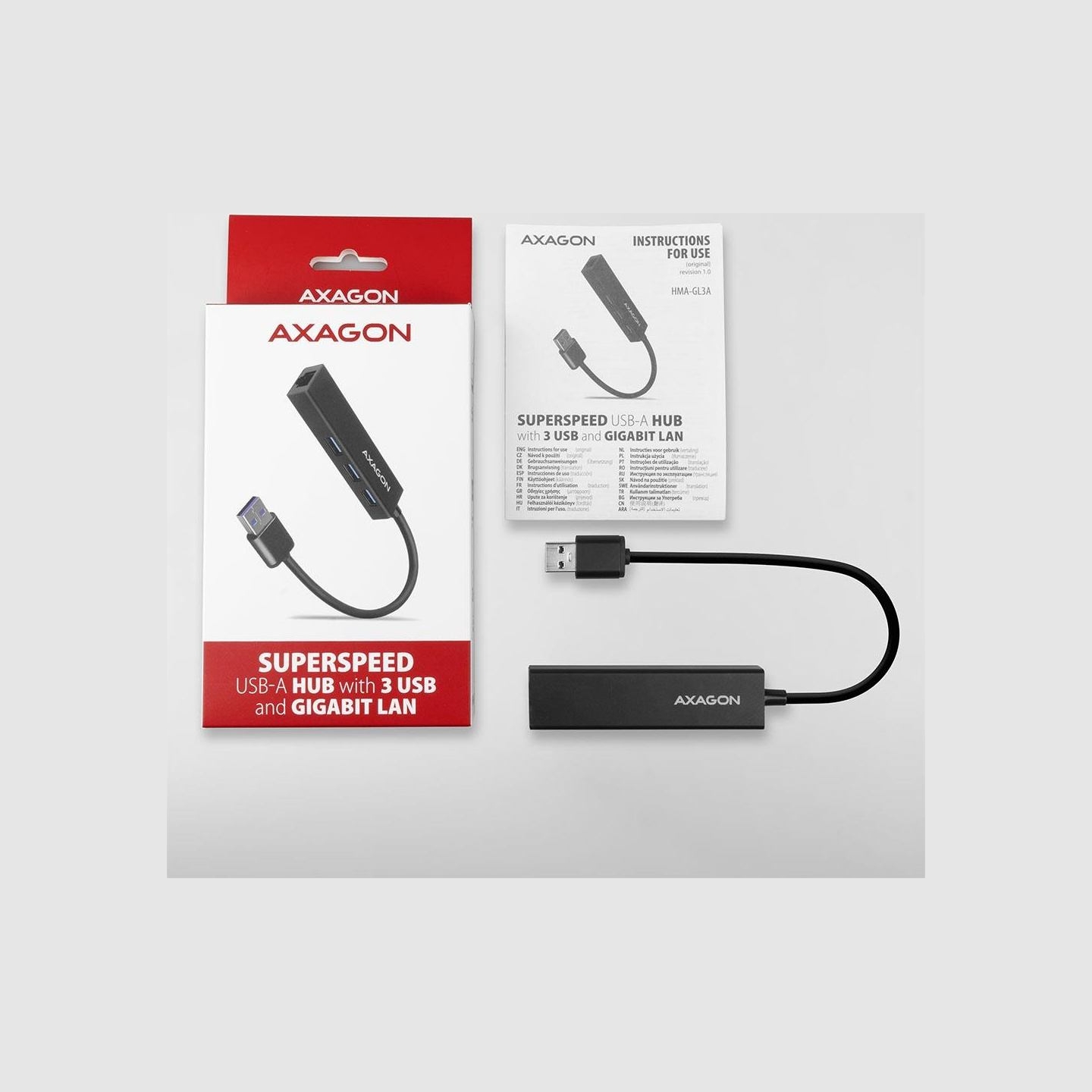 Axagon HMA-GL3A 3x USB-A + GLAN, USB3.2 Gen 1 hub, metal, 20cm USB-A cable