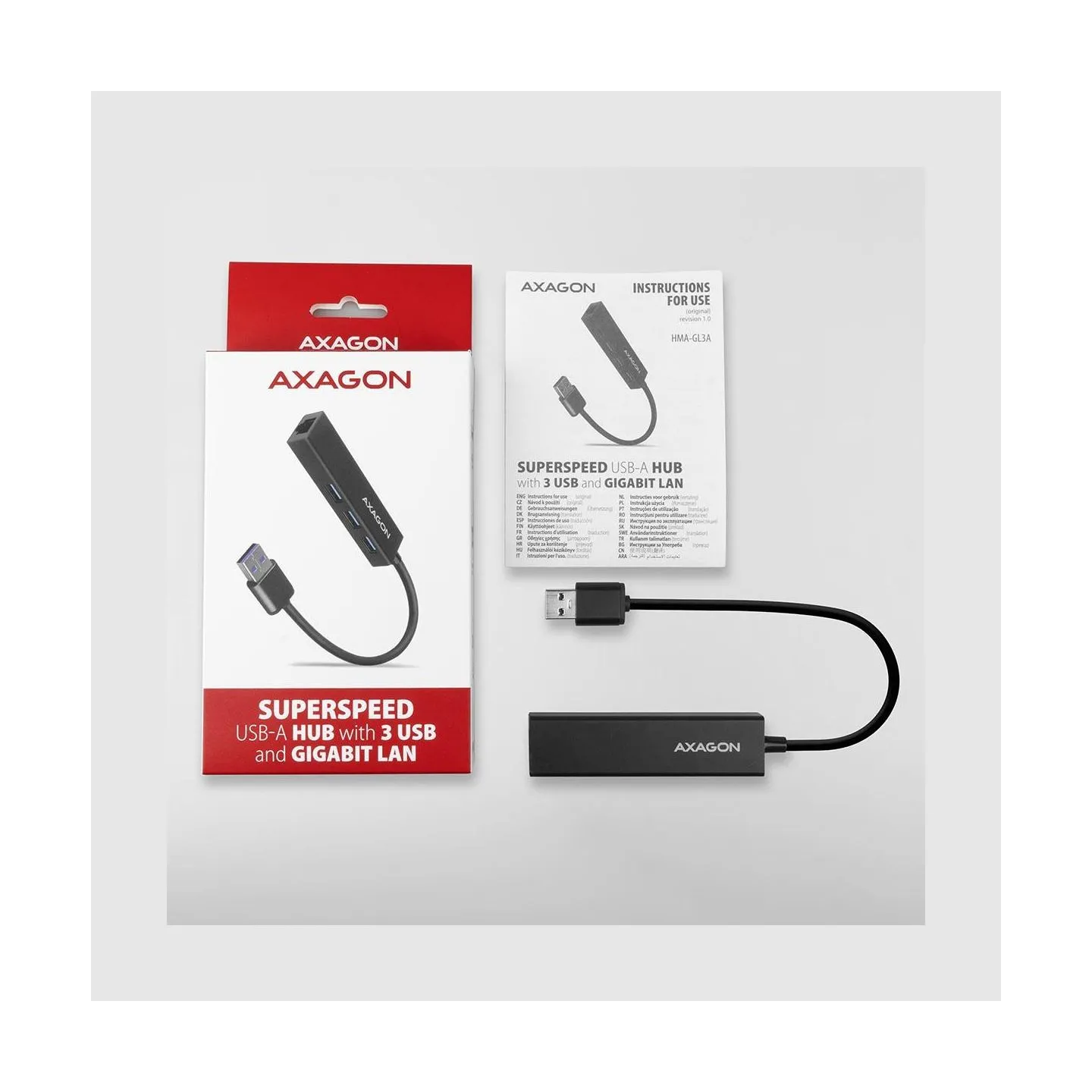 Axagon HMA-GL3A 3x USB-A + GLAN, USB3.2 Gen 1 hub, metal, 20cm USB-A cable