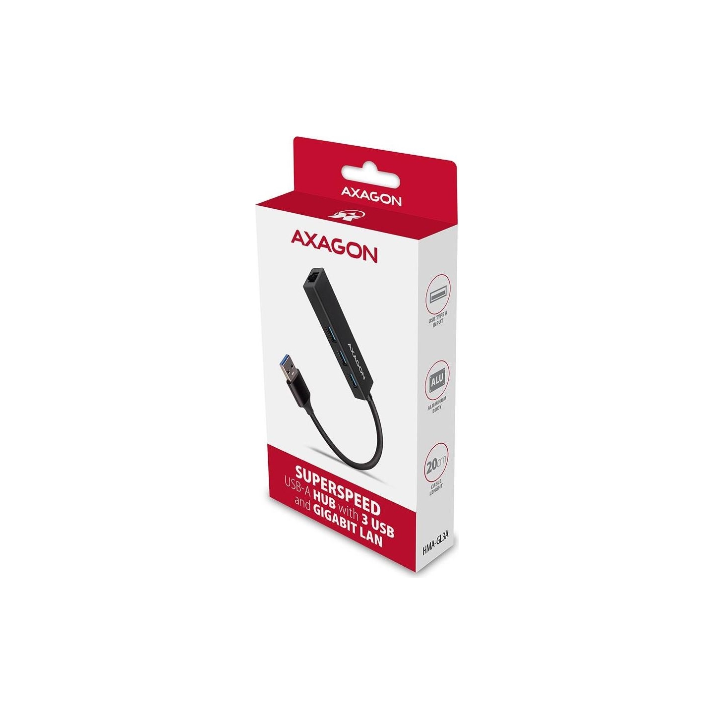 Axagon HMA-GL3A 3x USB-A + GLAN, USB3.2 Gen 1 hub, metal, 20cm USB-A cable