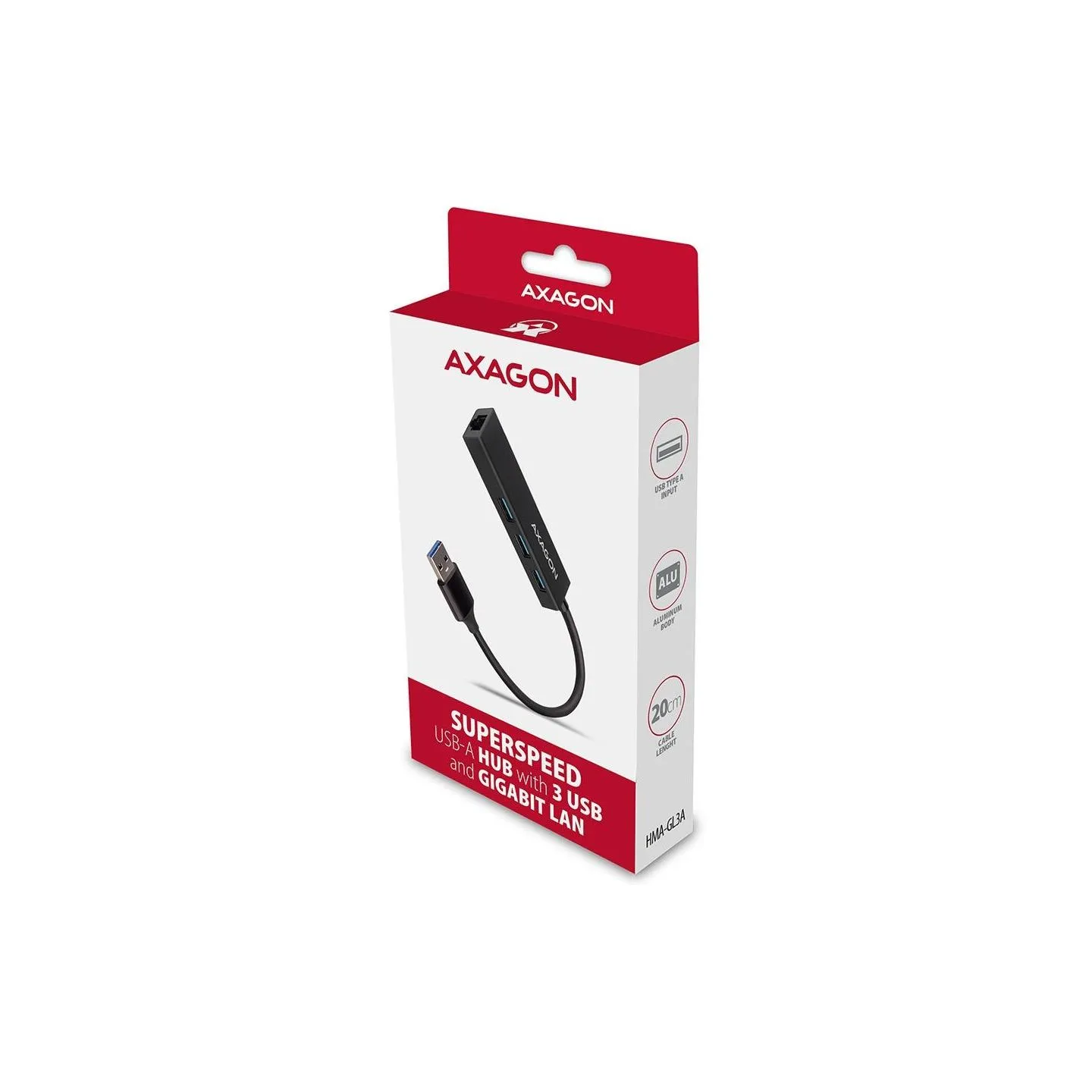 Axagon HMA-GL3A 3x USB-A + GLAN, USB3.2 Gen 1 hub, metal, 20cm USB-A cable