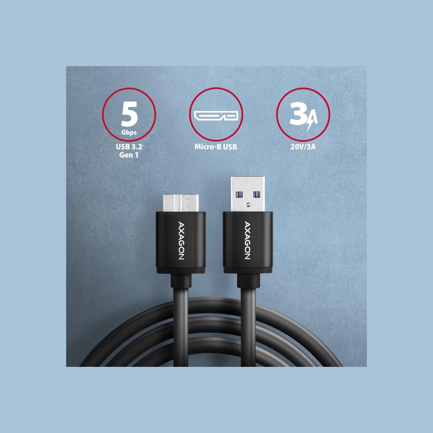 Axagon Data and charging USB 3.2 Gen1 cable length 1 m. 3A. Black.