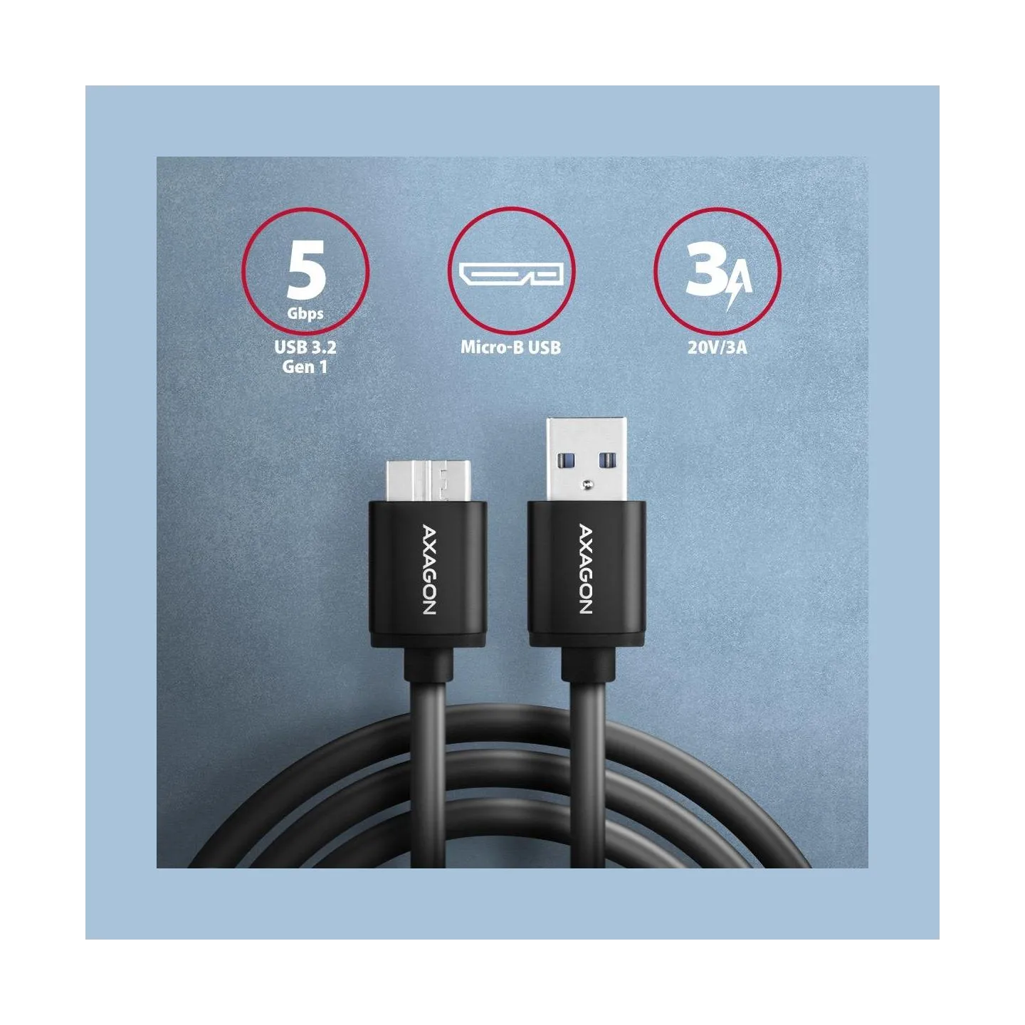 Axagon Data and charging USB 3.2 Gen1 cable length 1 m. 3A. Black.
