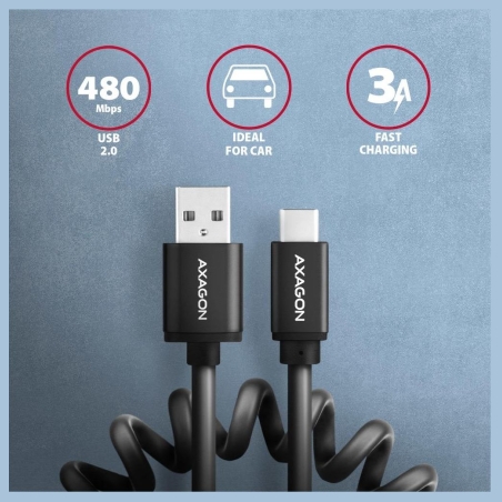 Axagon Data and charging USB 2.0 cable lengh 0.6m. 3A. Black twisted.