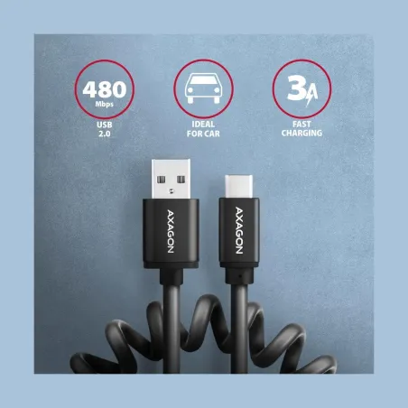 Axagon Data and charging USB 2.0 cable lengh 0.6m. 3A. Black twisted.