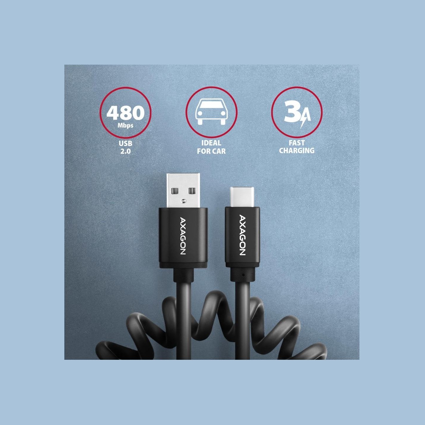 Axagon Data and charging USB 2.0 cable lengh 0.6m. 3A. Black twisted.