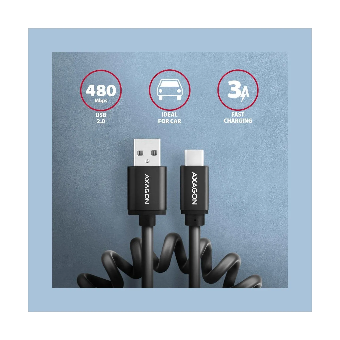 Axagon Data and charging USB 2.0 cable lengh 0.6m. 3A. Black twisted.