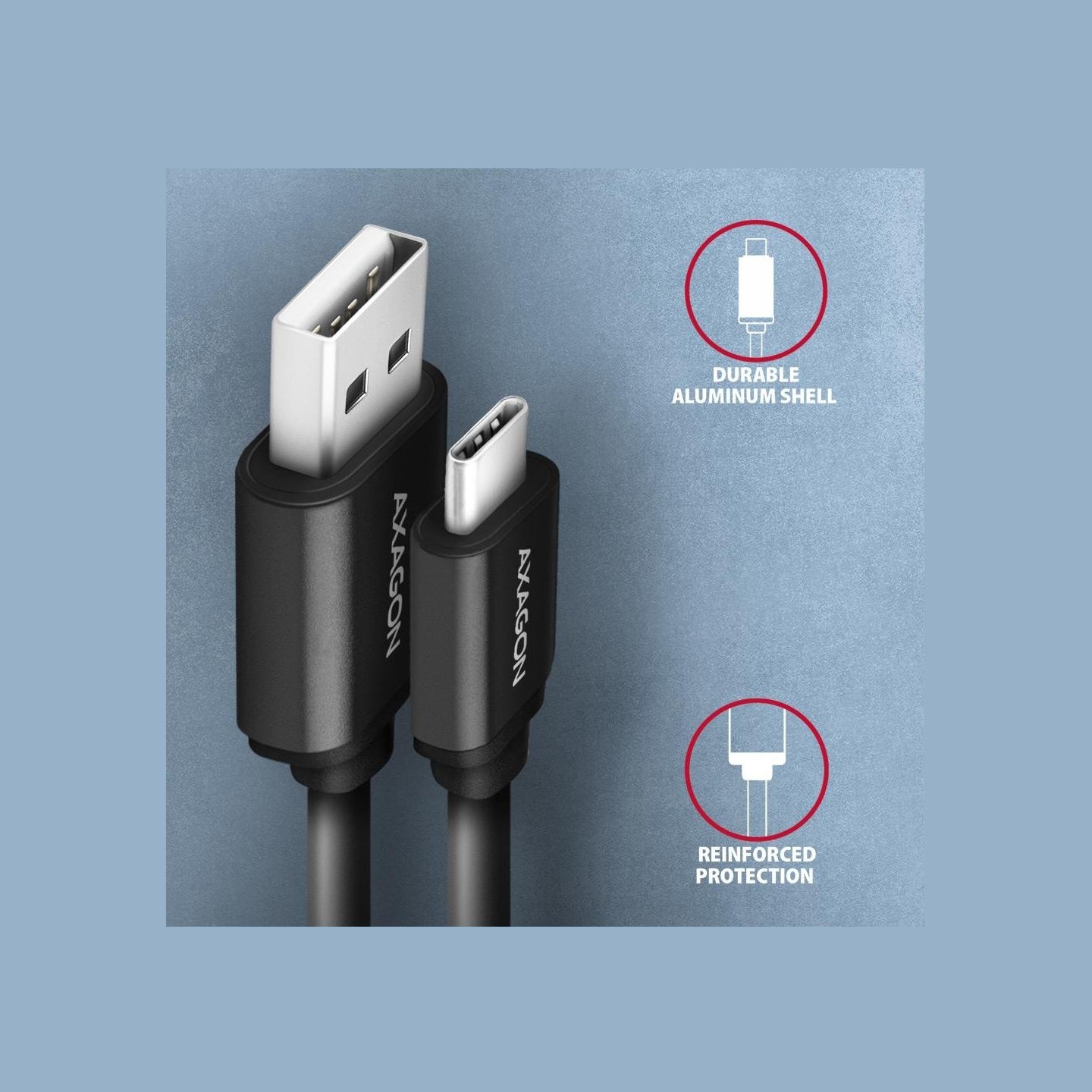 Axagon Data and charging USB 2.0 cable lengh 0.6m. 3A. Black twisted.