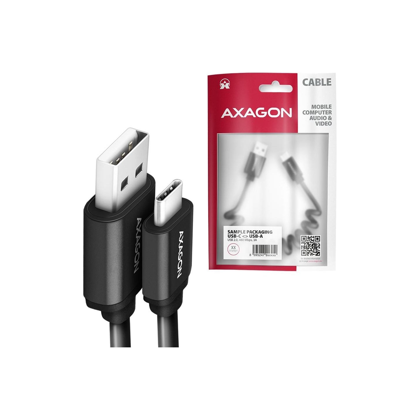Axagon Data and charging USB 2.0 cable lengh 0.6m. 3A. Black twisted.