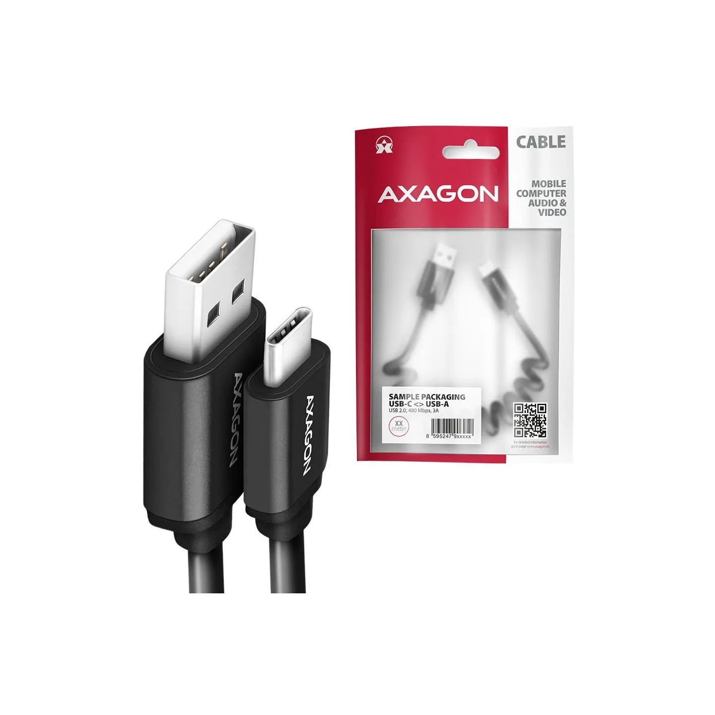 Axagon Data and charging USB 2.0 cable lengh 0.6m. 3A. Black twisted.