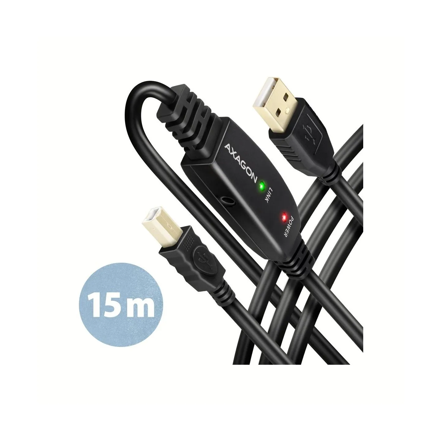 Axagon ADR-215B Active connection USB 2.0 A-M > B-M cable, 15 m long. Power supply option.