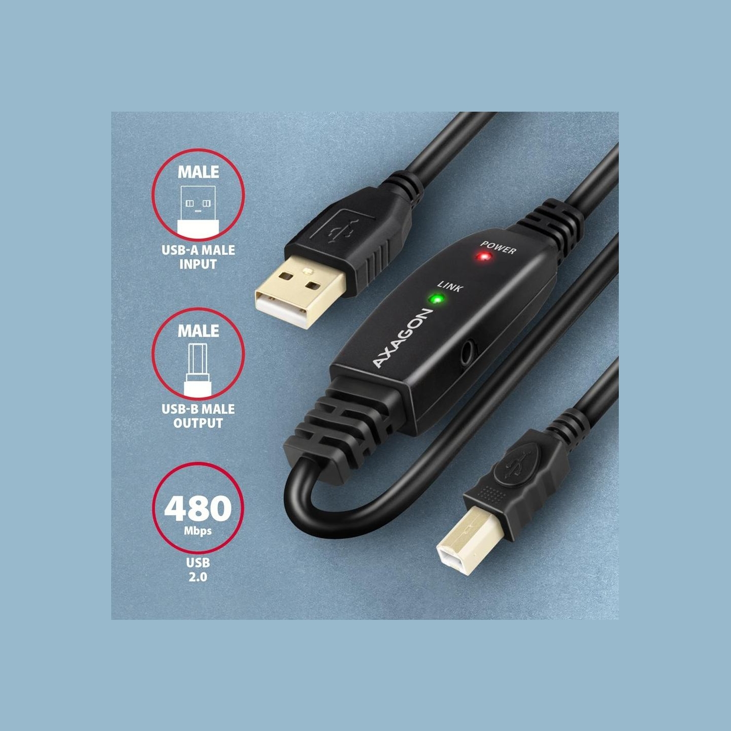 Axagon ADR-215B Active connection USB 2.0 A-M > B-M cable, 15 m long. Power supply option.