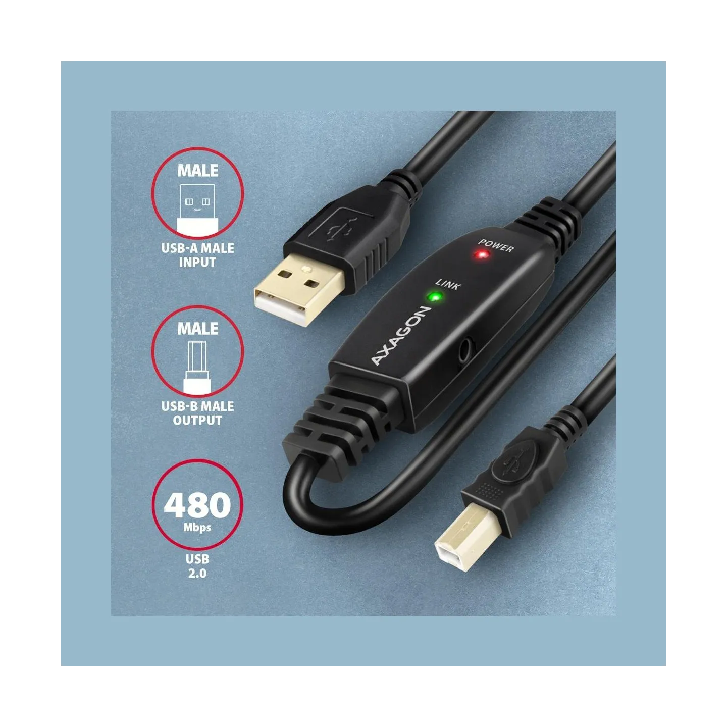 Axagon ADR-215B Active connection USB 2.0 A-M > B-M cable, 15 m long. Power supply option.