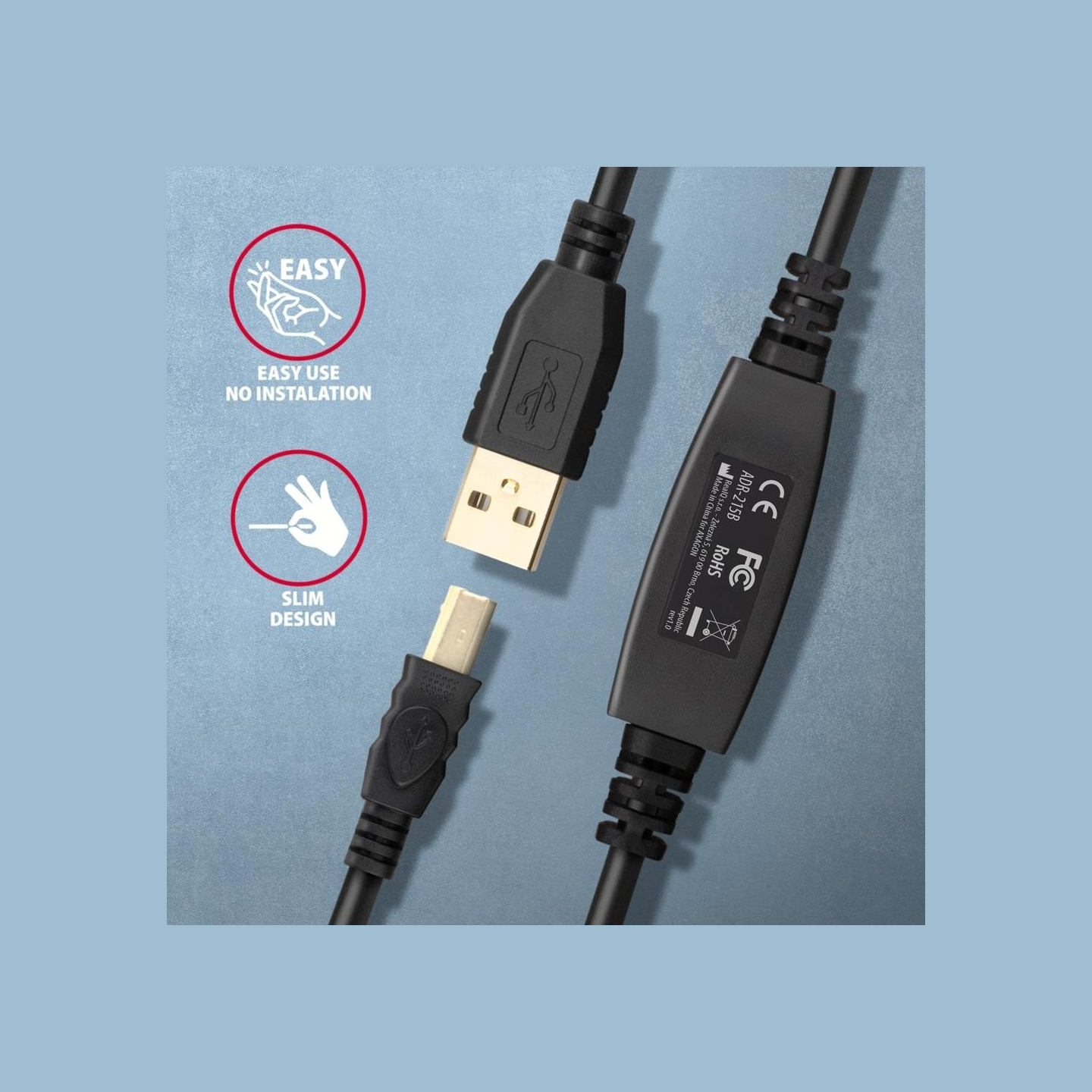 Axagon ADR-215B Active connection USB 2.0 A-M > B-M cable, 15 m long. Power supply option.