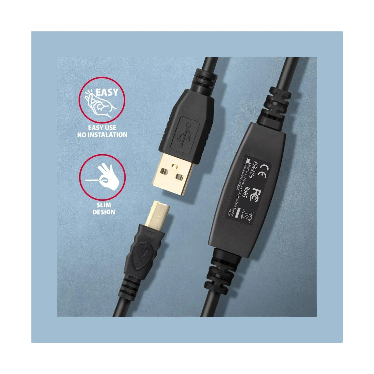 Axagon ADR-215B Active connection USB 2.0 A-M > B-M cable, 15 m long. Power supply option.