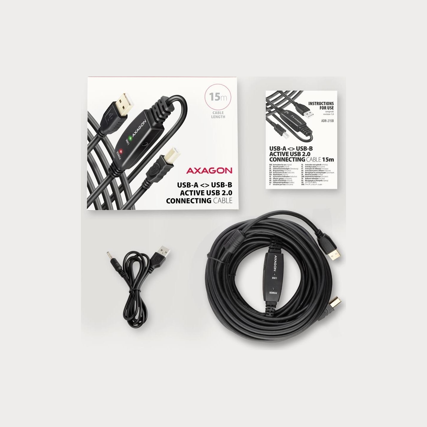 Axagon ADR-215B Active connection USB 2.0 A-M > B-M cable, 15 m long. Power supply option.