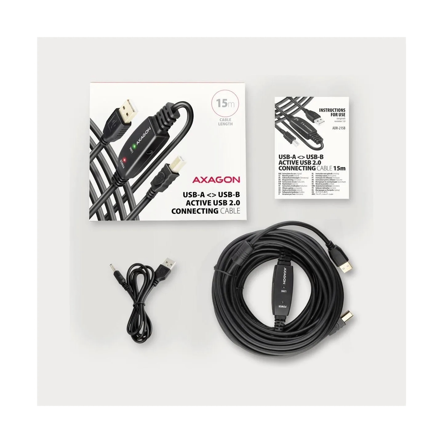 Axagon ADR-215B Active connection USB 2.0 A-M > B-M cable, 15 m long. Power supply option.