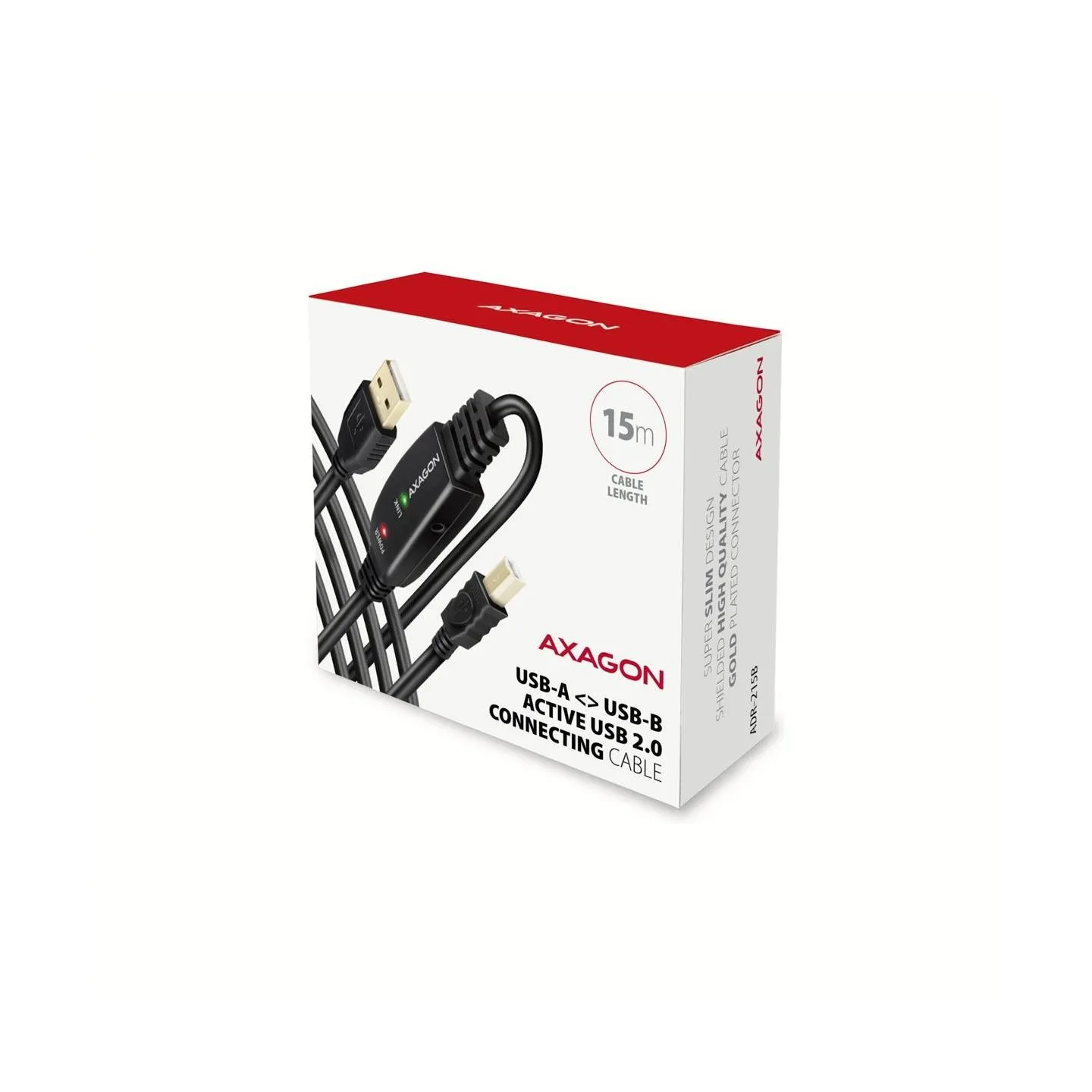 Axagon ADR-215B Active connection USB 2.0 A-M > B-M cable, 15 m long. Power supply option.