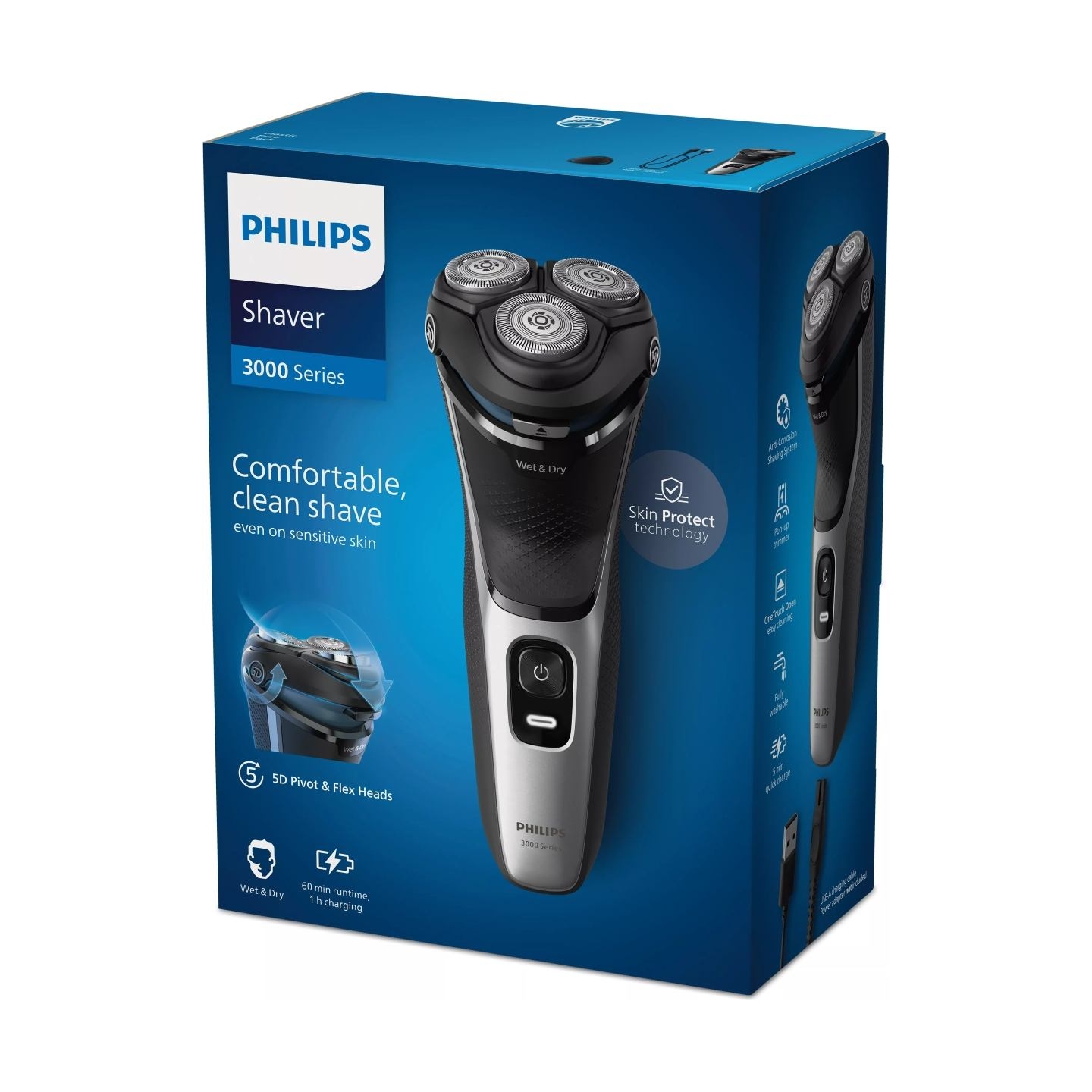 Philips Wet or Dry electric shaver S3143/00, Wet&Dry, PowerCut Blade System, 5D Flex Heads, 60min shaving / 1h charge, 5min Quic
