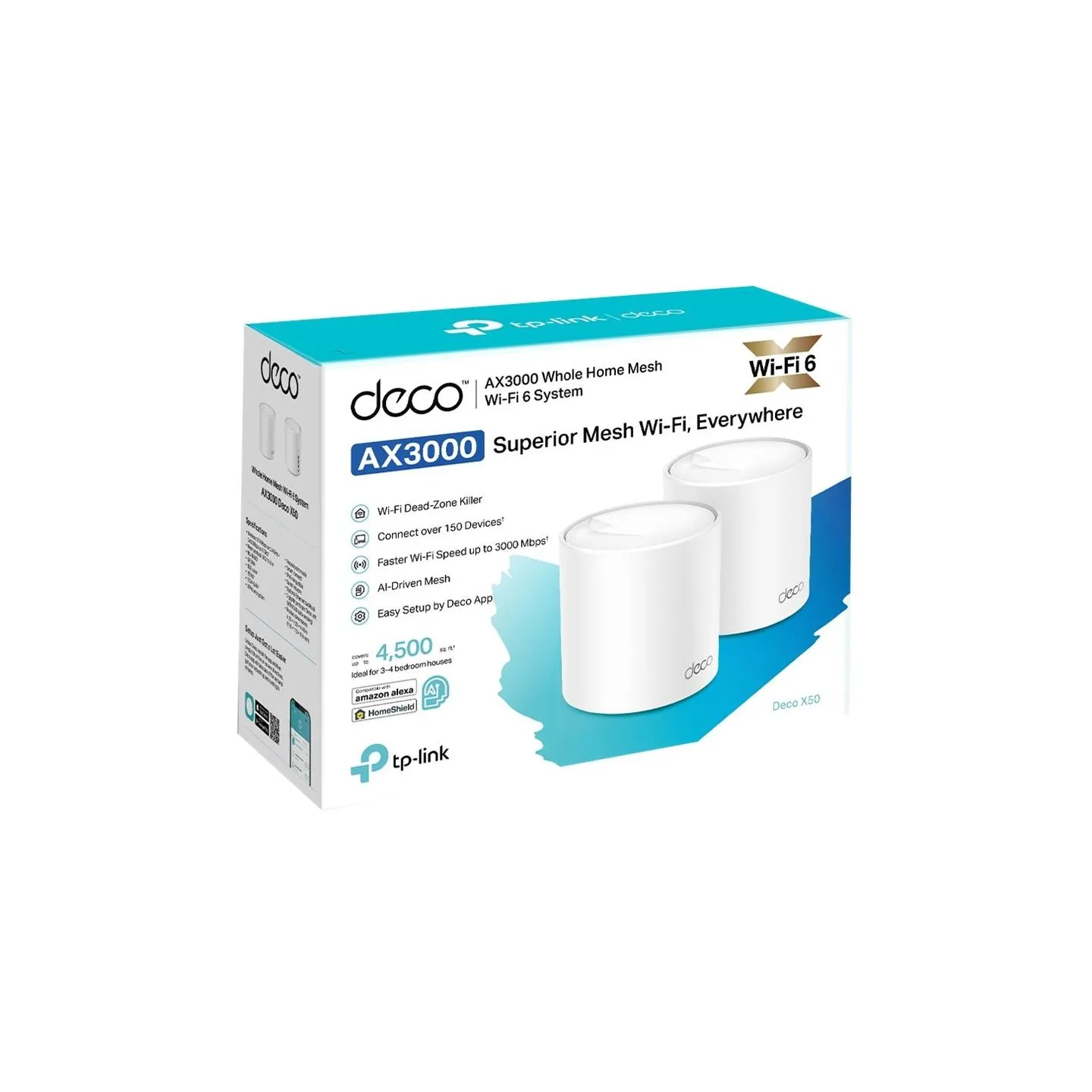 Tp-Link | Whole Home Mesh Wi-Fi 6 System | Deco X50 (2-pack) | 802.11ax | 574+2402 Mbit/s | Ethernet LAN (RJ-45) ports 3 | Mesh 