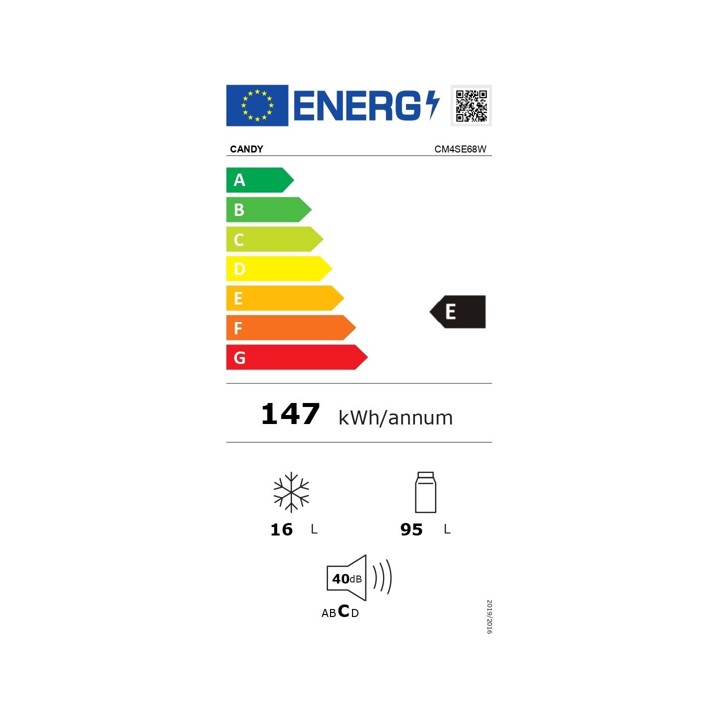 Candy Refrigerator | CM4SE68W | Energy efficiency class E | Built-in | Larder | Height 82.6 cm | Fridge net capacity 95 L | Free