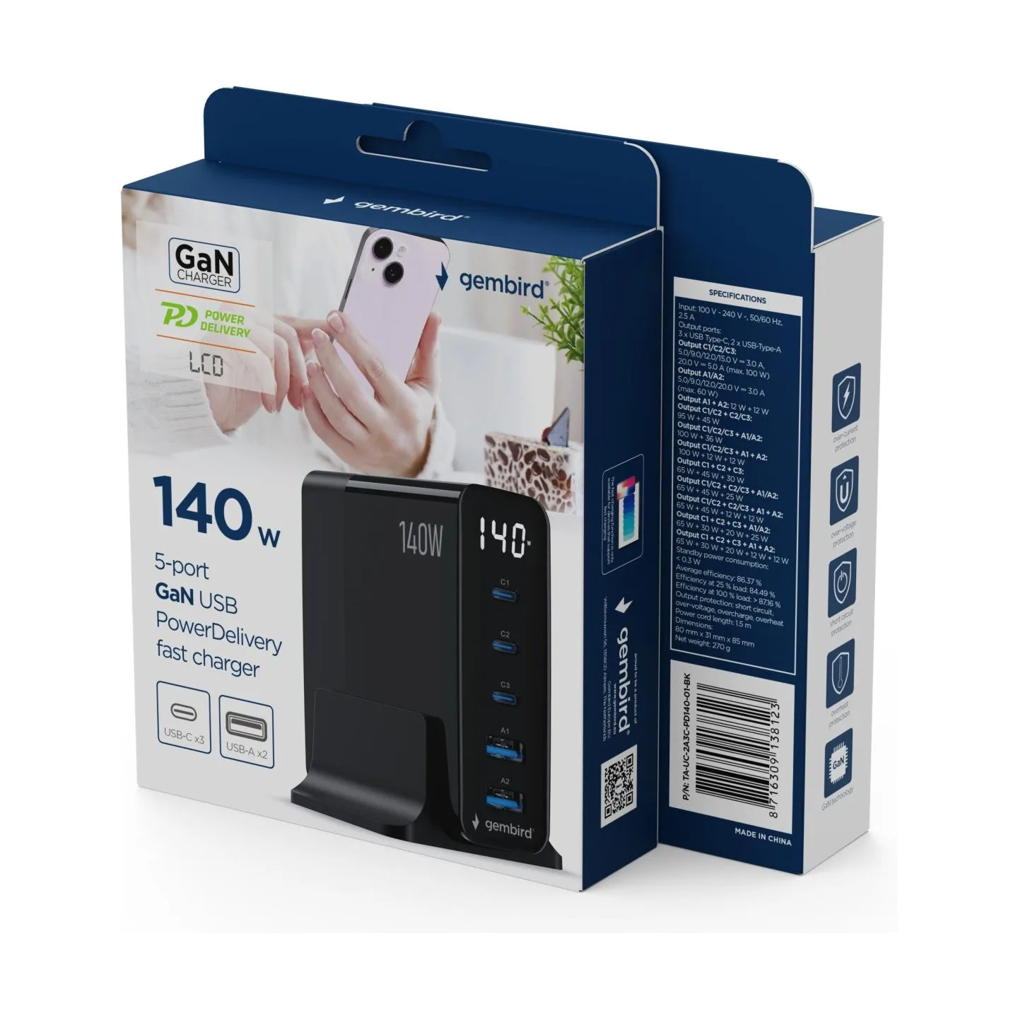 Gembird 5-port 140 W GaN USB fast charg