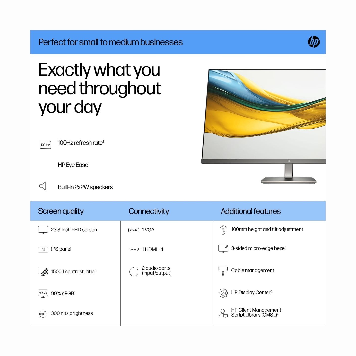 HP LCD Monitor|HP|23.8 "|1920 x 1080 pixels|Full HD|Native aspect ratio 16:9|LCD|Flat|B11W5AT