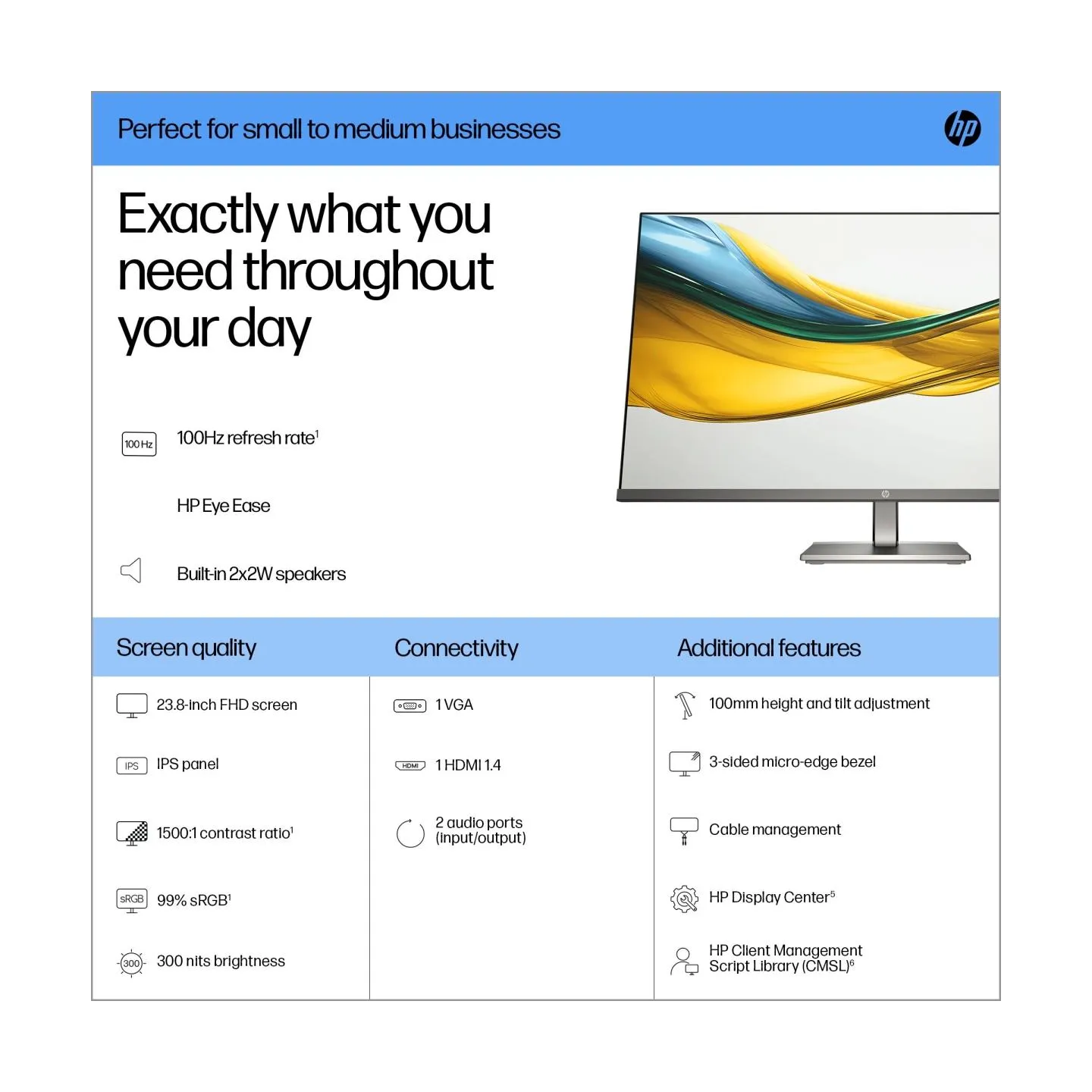 HP LCD Monitor|HP|23.8 "|1920 x 1080 pixels|Full HD|Native aspect ratio 16:9|LCD|Flat|B11W5AT
