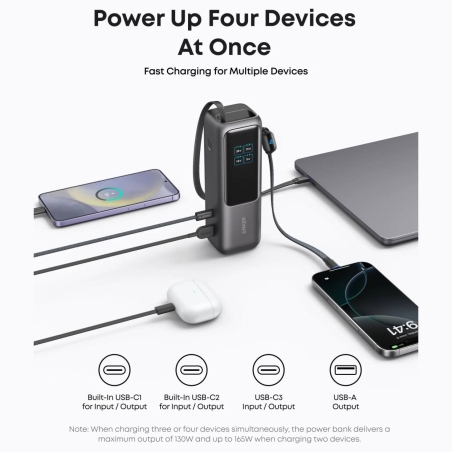 Anker Zolo Powerbank | A1695H11 | 25000 mAh | Built-In USB-C and Retractable Cable) | Grey