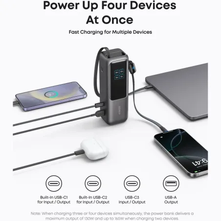 Anker Zolo Powerbank | A1695H11 | 25000 mAh | Built-In USB-C and Retractable Cable) | Grey