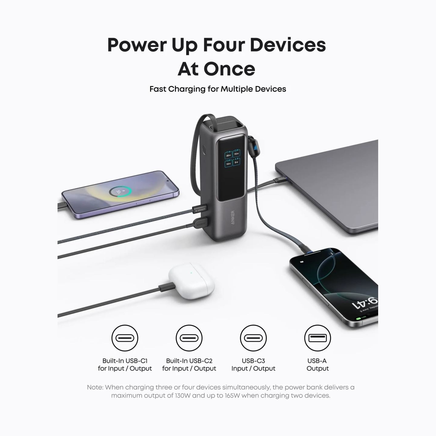Anker Zolo Powerbank | A1695H11 | 25000 mAh | Built-In USB-C and Retractable Cable) | Grey