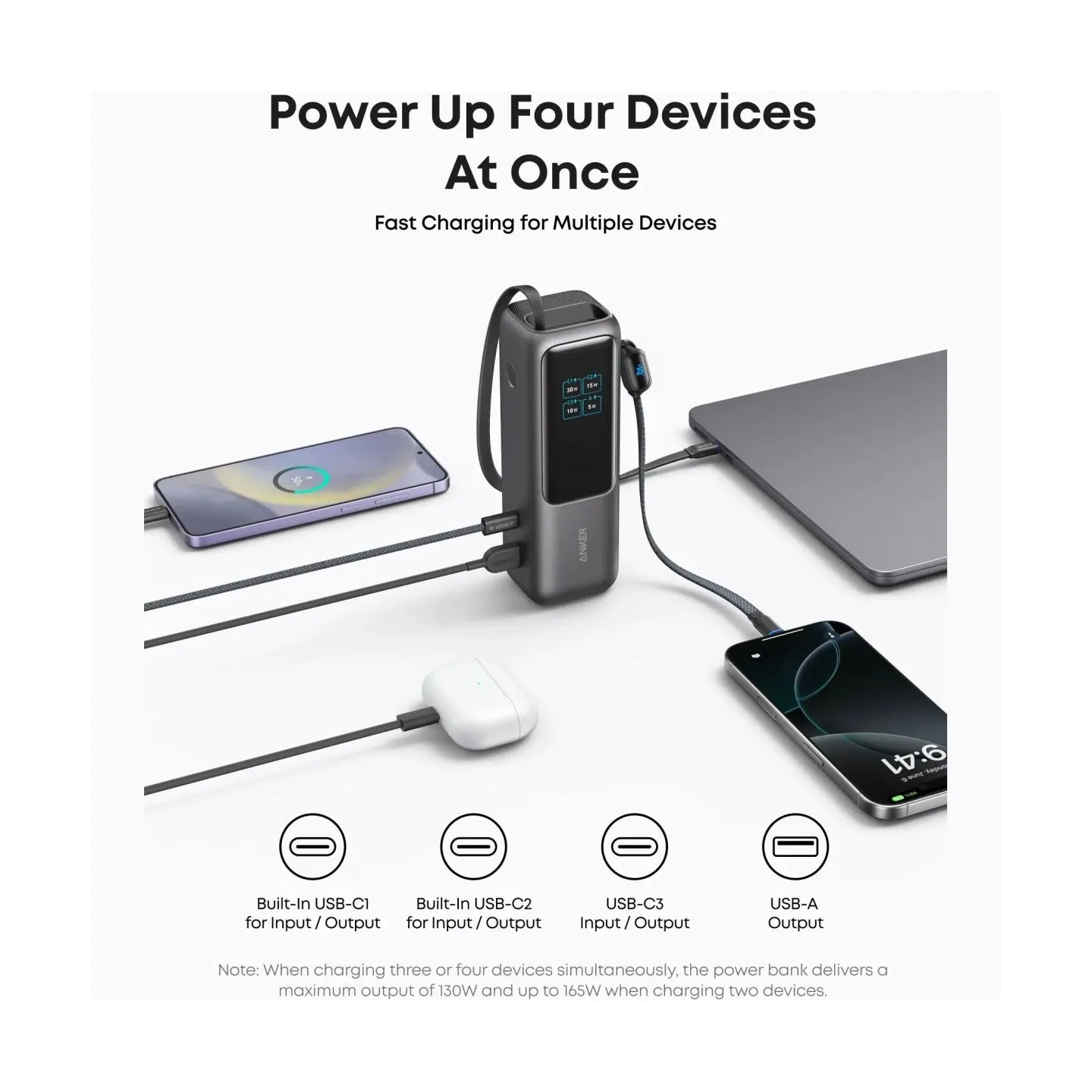 Anker Zolo Powerbank | A1695H11 | 25000 mAh | Built-In USB-C and Retractable Cable) | Grey