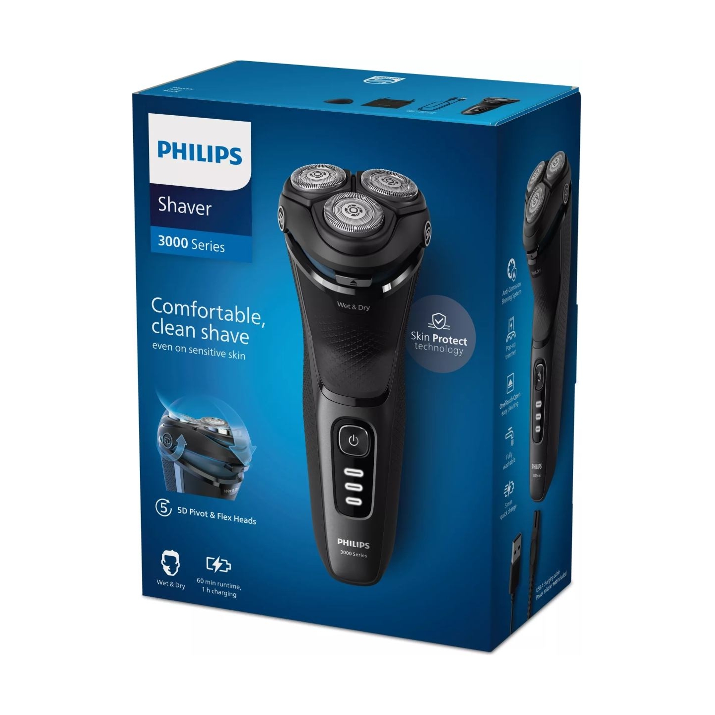 Philips Wet or Dry electric shaver S3244/12, Wet&Dry, PowerCut Blade System, 5D Flex Heads, 60min shaving / 1h charge, 5min Quic