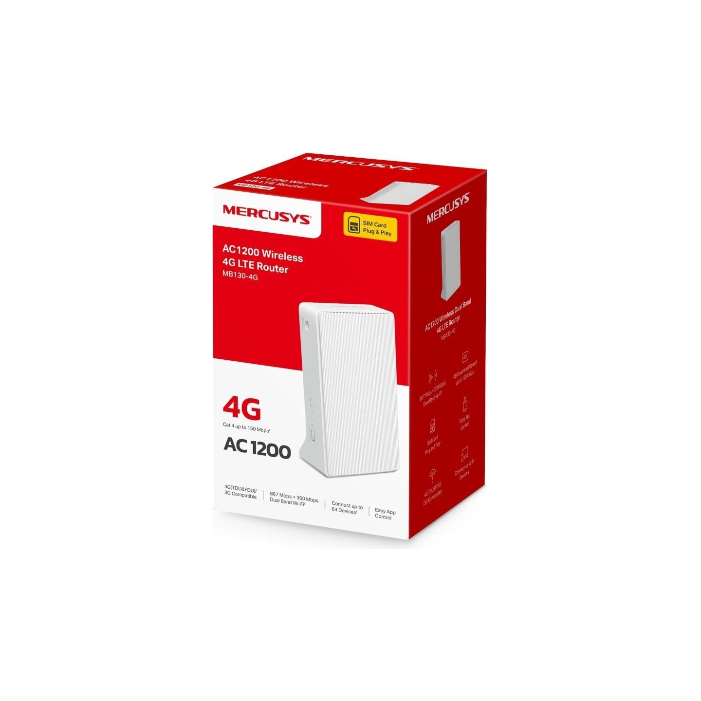 Mercusys | AC1200 Wi-Fi 4G LTE Router | MB130-4G | 802.11ac | 10/100 Mbit/s | Ethernet LAN (RJ-45) ports 2 | Mesh Support No | M