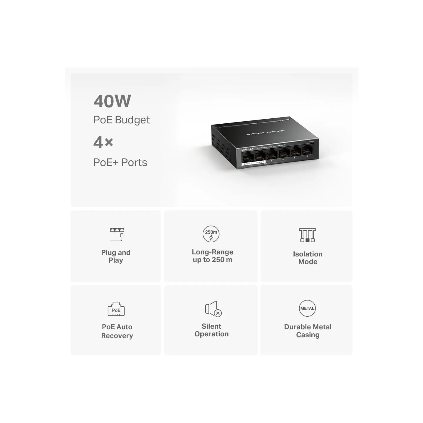 Mercusys Switch|MERCUSYS|Desktop/pedestal|6x10Base-T / 100Base-TX|PoE+ ports 4|MS106LP
