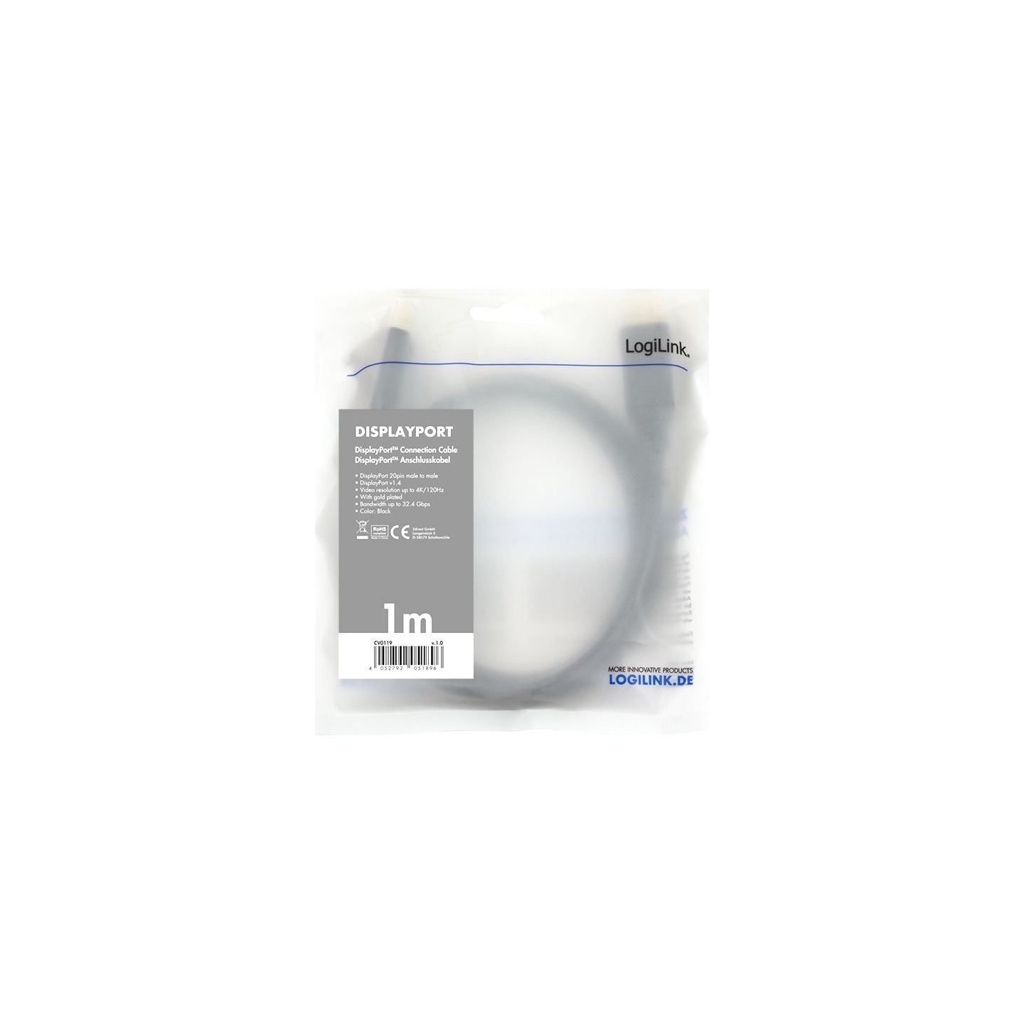 Logilink | DisplayPort Cable | CV0119 | DP Male | DP Male | DP to DP | 1 m