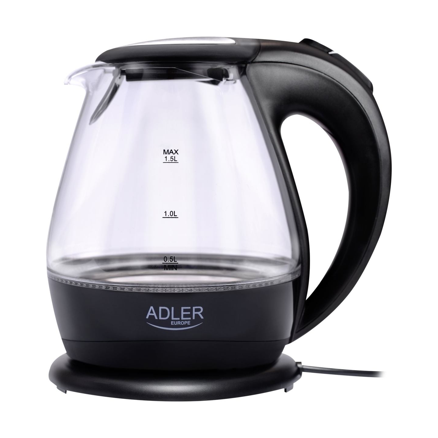 Adler | Kettle | AD 1224 | Standard | 2000 W | 1.5 L | Glass | 360° rotational base | Black