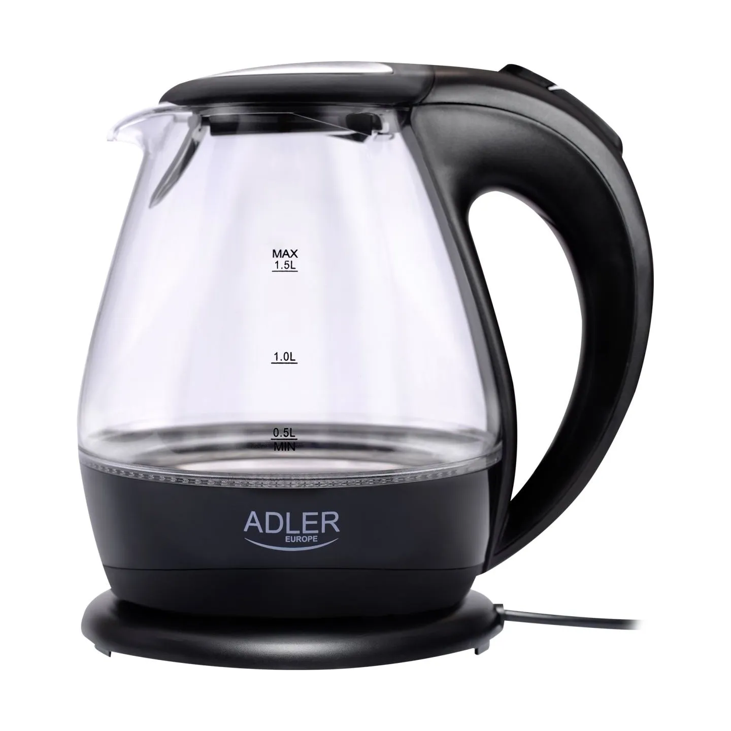 Adler | Kettle | AD 1224 | Standard | 2000 W | 1.5 L | Glass | 360° rotational base | Black