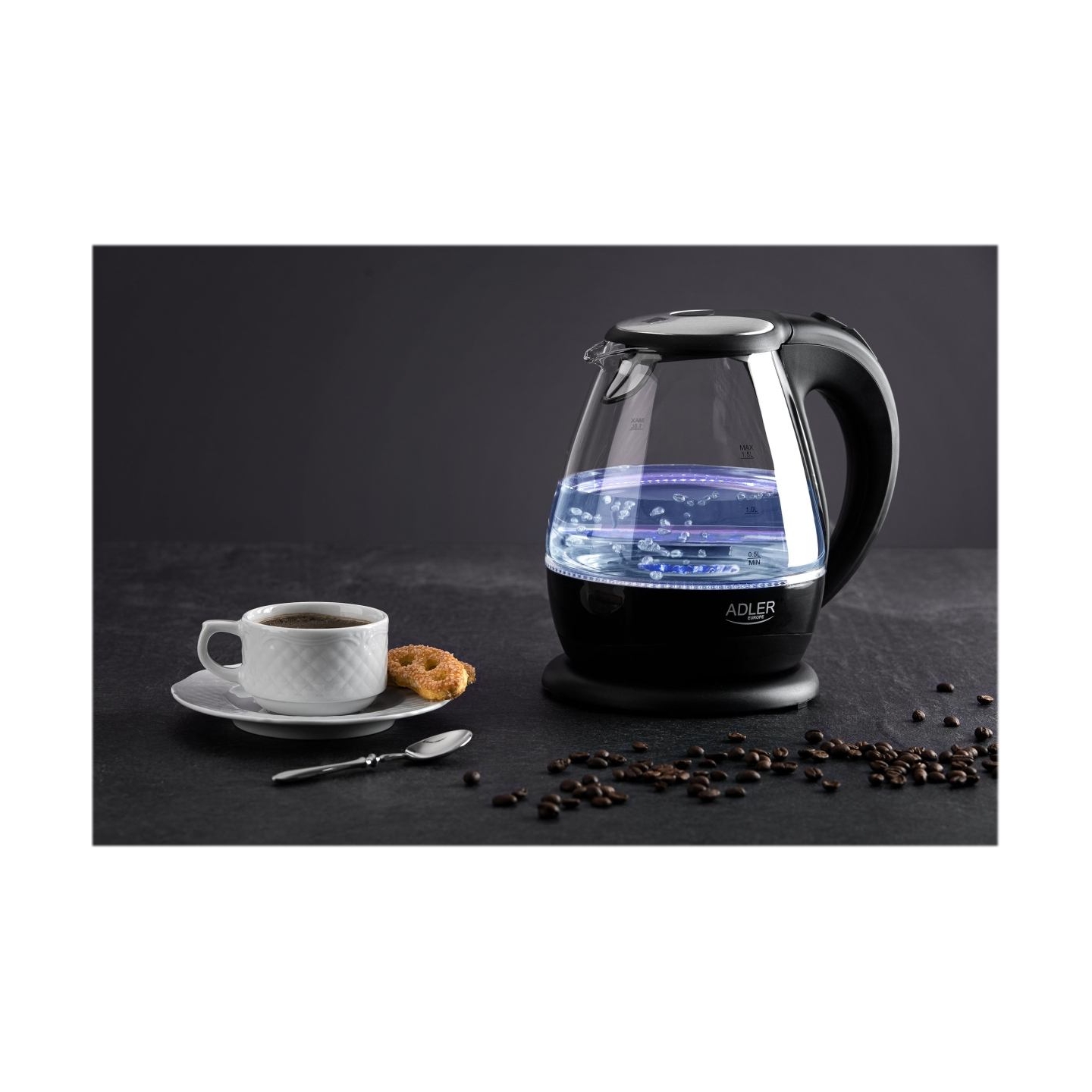 Adler | Kettle | AD 1224 | Standard | 2000 W | 1.5 L | Glass | 360° rotational base | Black