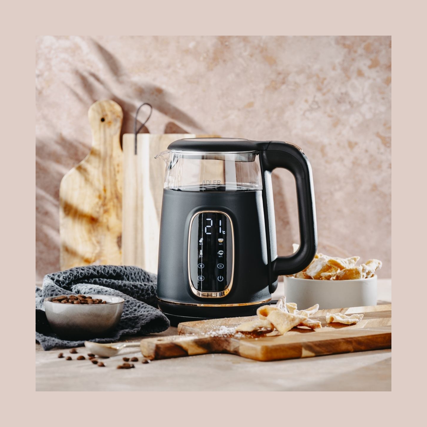 Adler Kettle with LED Display | AD 1305 | Electric | 2200 W | 1.7 L | Plastic | 360° rotational base | Black/Gold
