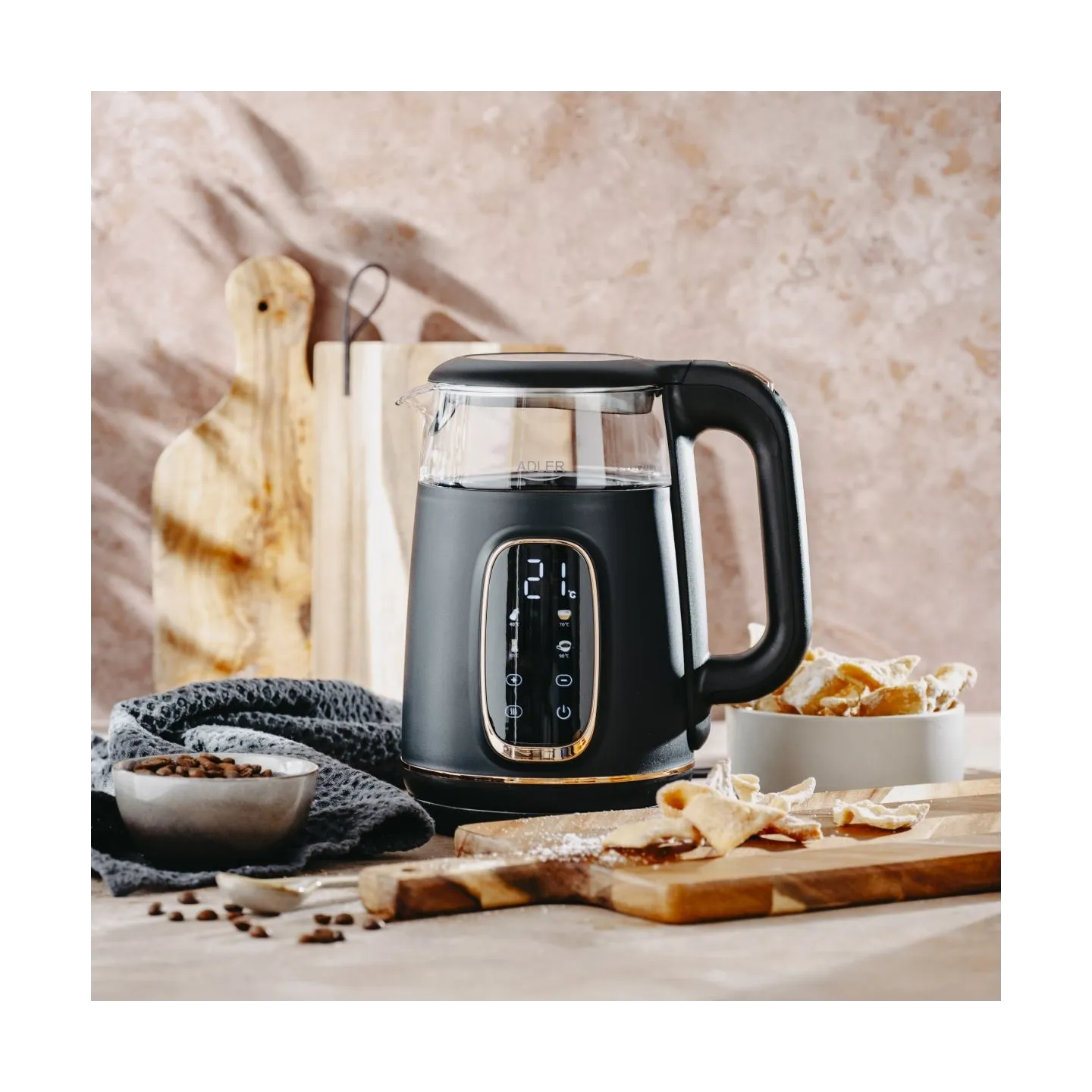 Adler Kettle with LED Display | AD 1305 | Electric | 2200 W | 1.7 L | Plastic | 360° rotational base | Black/Gold