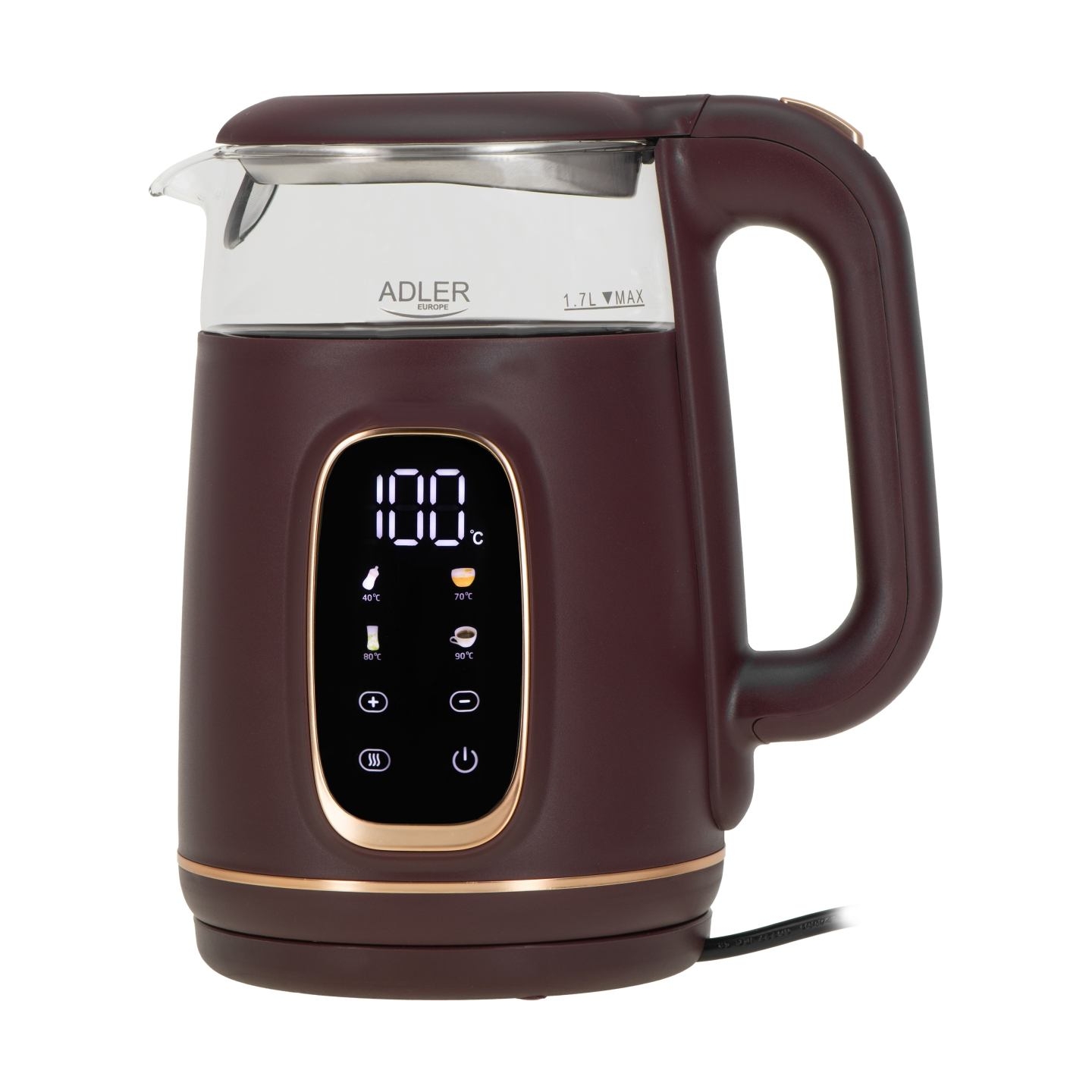 Adler Kettle with LED Display | AD 1305 | Electric | 2200 W | 1.7 L | Plastic | 360° rotational base | Burgundy