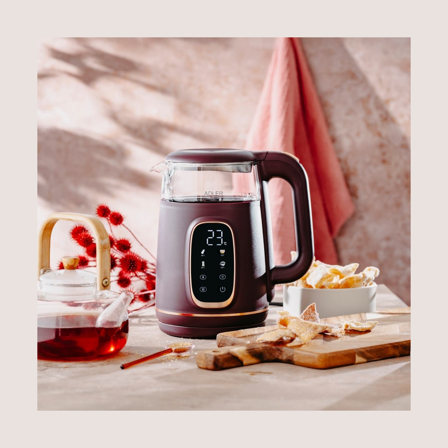 Adler Kettle with LED Display | AD 1305 | Electric | 2200 W | 1.7 L | Plastic | 360° rotational base | Burgundy