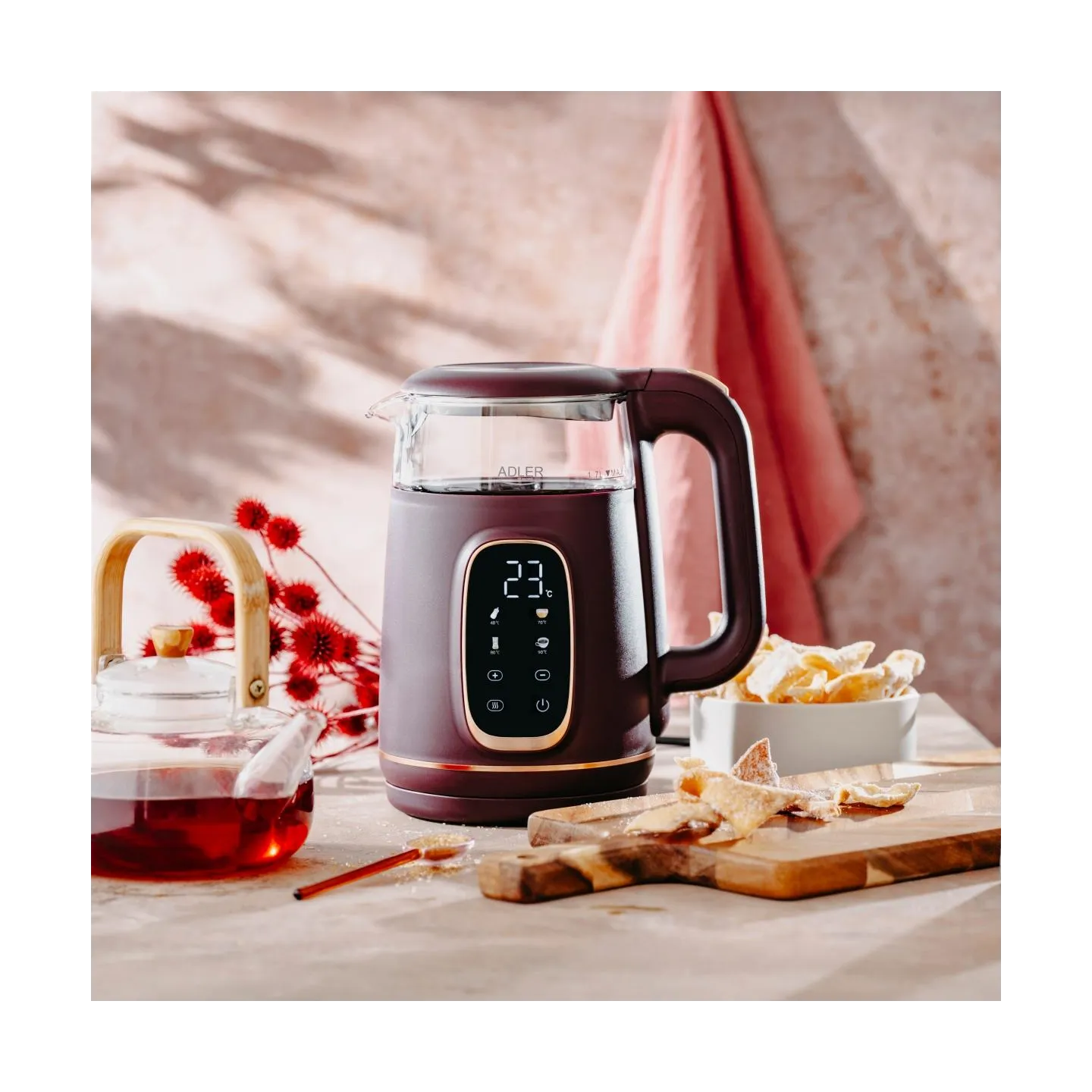 Adler Kettle with LED Display | AD 1305 | Electric | 2200 W | 1.7 L | Plastic | 360° rotational base | Burgundy