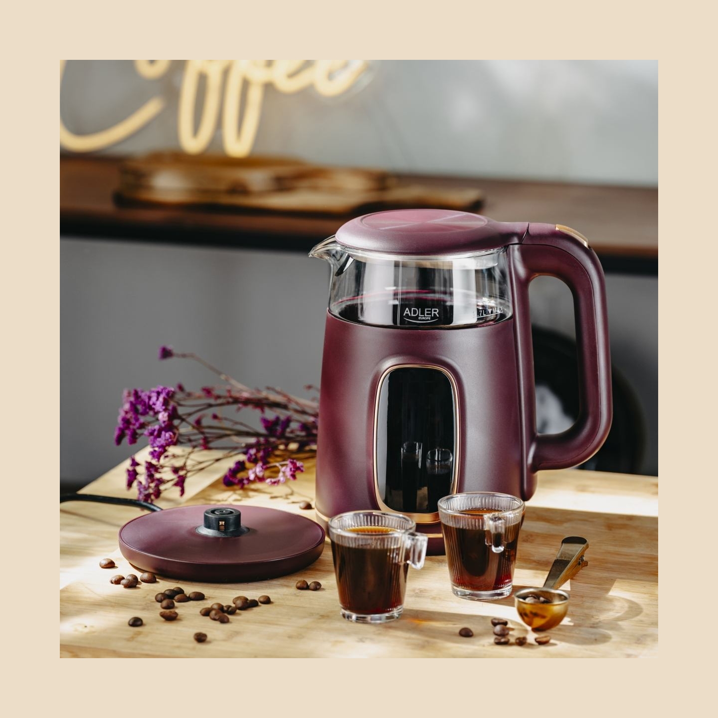 Adler Kettle with LED Display | AD 1305 | Electric | 2200 W | 1.7 L | Plastic | 360° rotational base | Burgundy