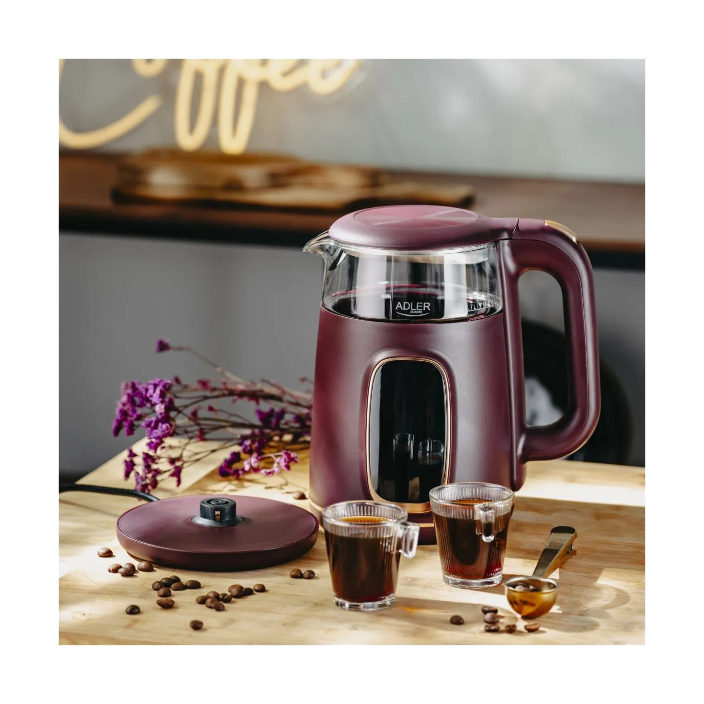 Adler Kettle with LED Display | AD 1305 | Electric | 2200 W | 1.7 L | Plastic | 360° rotational base | Burgundy