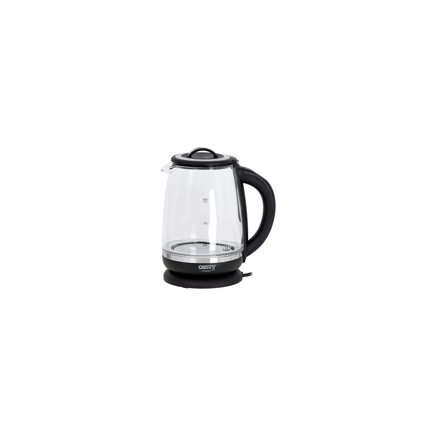 Camry | Kettle | CR 1290 | Standard | 2200 W | 2 L | Plastic/glass | 360° rotational base | Black/Transparent
