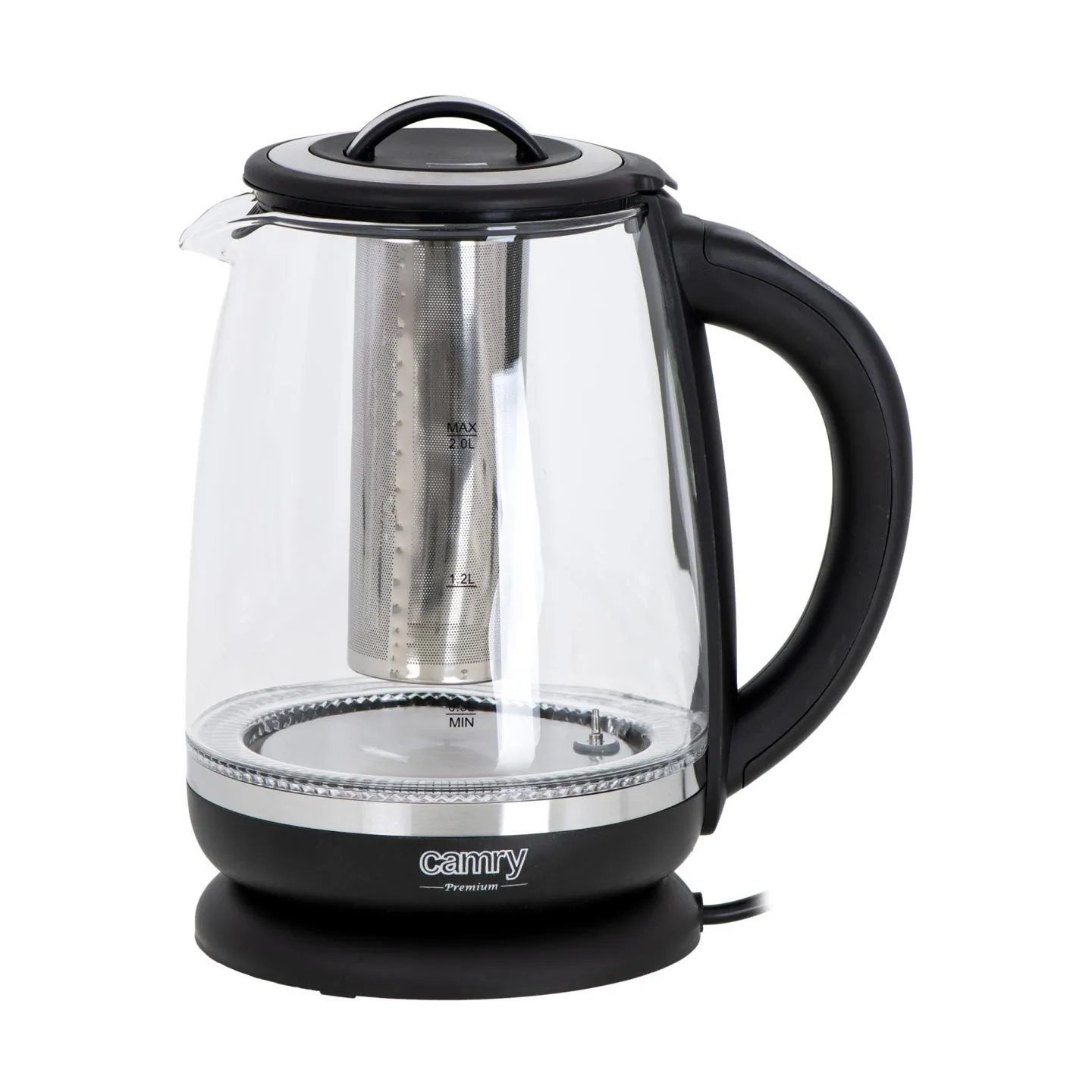 Camry | Kettle | CR 1290 | Standard | 2200 W | 2 L | Plastic/glass | 360° rotational base | Black/Transparent