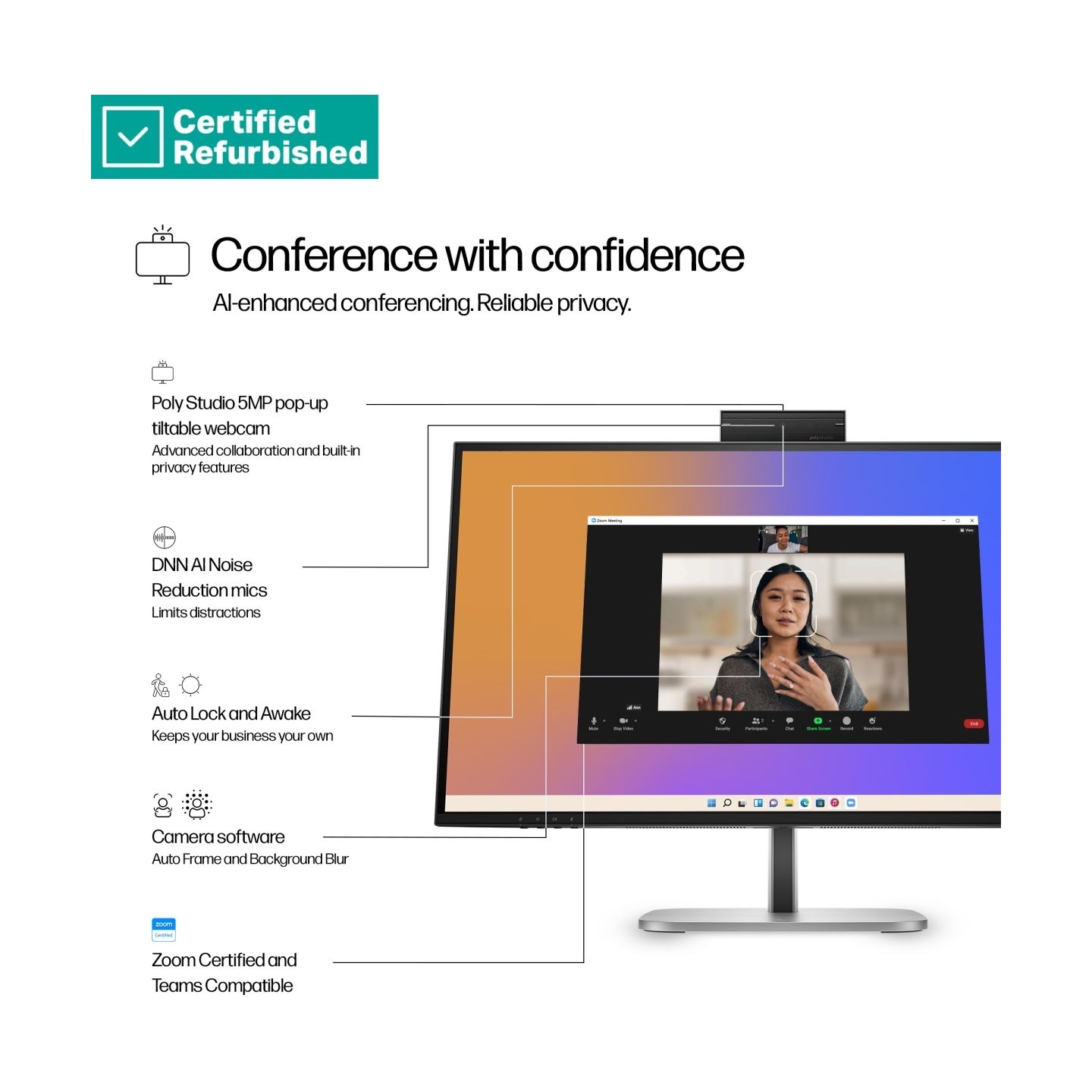 HP RENEW GOLD HP 527pm Series 5 Pro QHD Conferencing Monitor - 27" 2560x1440 QHD 350-nit 100Hz AG, IPS, USB-C(100W/15W)/HDMI/DP 