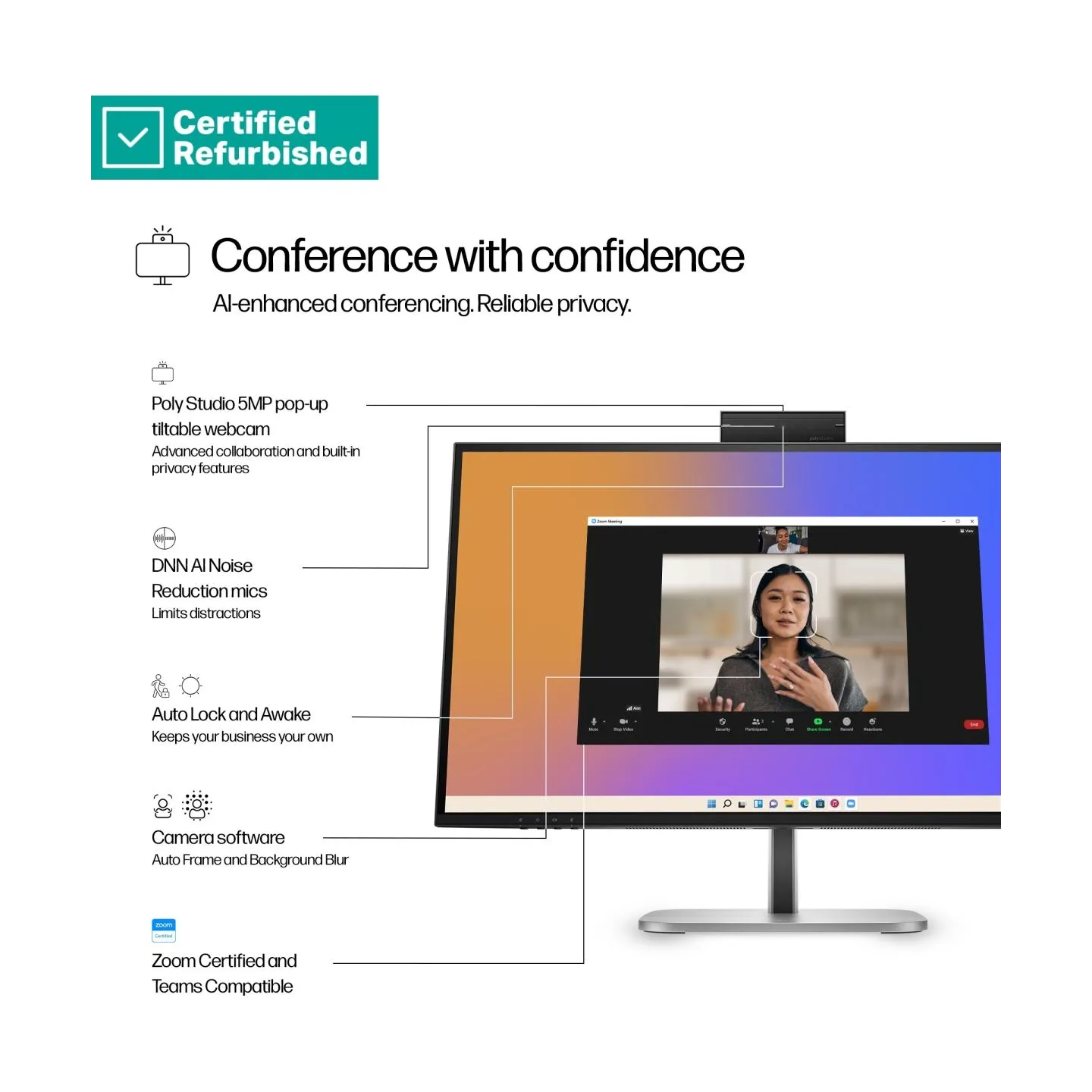 HP RENEW GOLD HP 527pm Series 5 Pro QHD Conferencing Monitor - 27" 2560x1440 QHD 350-nit 100Hz AG, IPS, USB-C(100W/15W)/HDMI/DP 